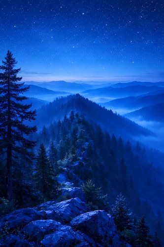 Bergsilhouetten onder de sterrenhemel – Mountain Silhouettes Beneath the Starry Blue