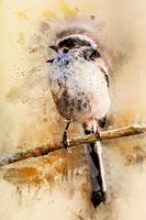 Fluitend staartmeesje (kunst, waterverf)