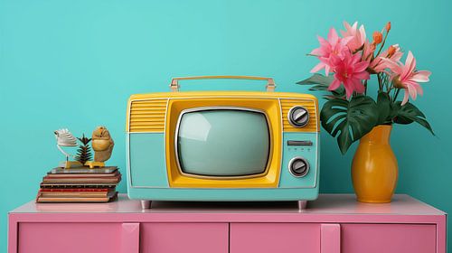 Retro televisie met aquamarijne muurachtergrond, kunstontwerp