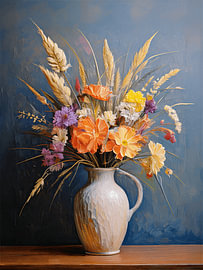 Stimmungsvolles Stillleben aus einem Trockenblumenstrauß mit orangefarbenen und violetten Blüten in einem Steinkrug.