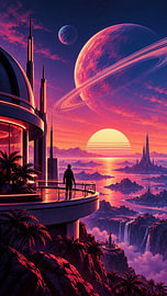 Retro Futuristic Space Colony With Alien Planets And Neon Cosmic Sunset Landscape by Alfonz