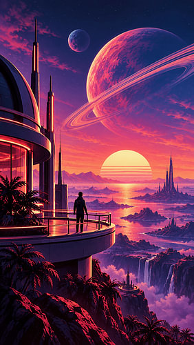 Retro-futuristische ruimtekolonie met buitenaardse planeten en een kosmisch neonlandschap bij zonsondergang