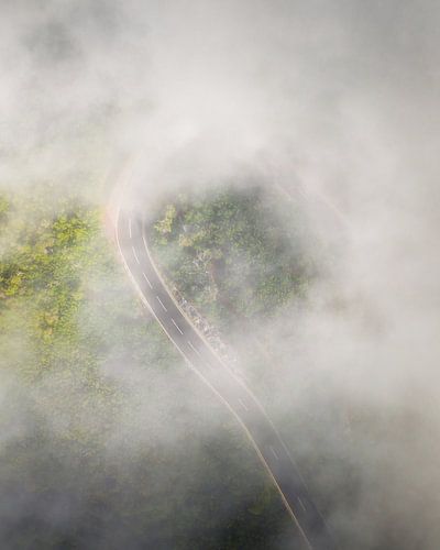 Route brumeuse dans les montagnes de Madère.