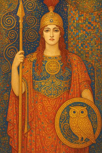 Athena, godin van wijsheid en oorlogvoering, schilderij.