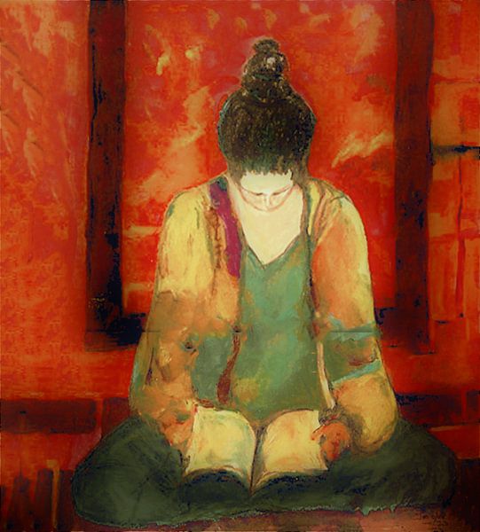 Romantisches Porträt eines lesenden Mädchens. Handgemalt mit Ölpastell. von Ineke de Rijk