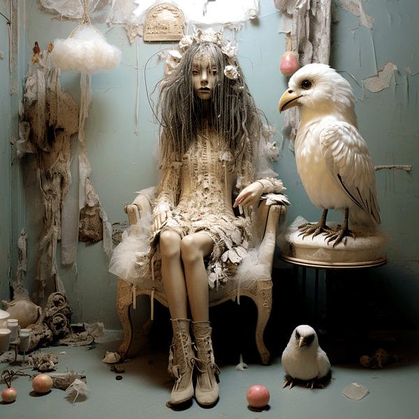 Surreal Portrait junges Mädchen Vögel träumend Shabby Chic von gm_designs
