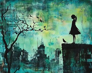 Stadtsilhouette | Mädchen auf dem Felsen mit Vögeln