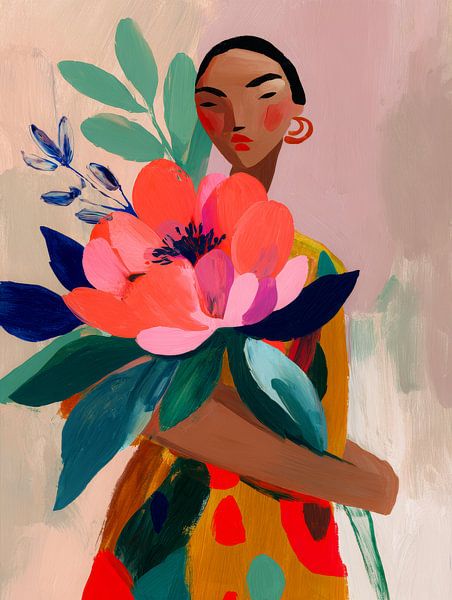 Vrouw met grote kleurrijke bloem – moderne schilderstijl vol expressie en warmte van But First Framing
