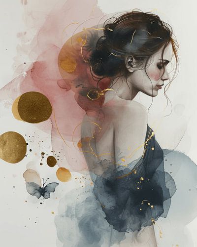 Modern portret in aquarel met gouden accenten