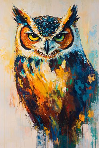 Expressieve kleurrijke uil schilderij