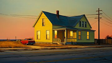 Huis bij zonsondergang – filmische Americana wanddecoratie van Vlindertuin-Art