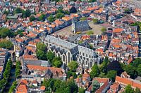Aerial view Saint Janskerk and city hall Gouda