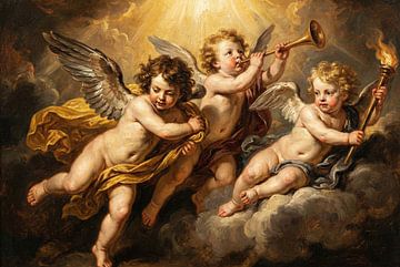 Gemälde von drei Putten mit Trompete und Fackel in Wolken