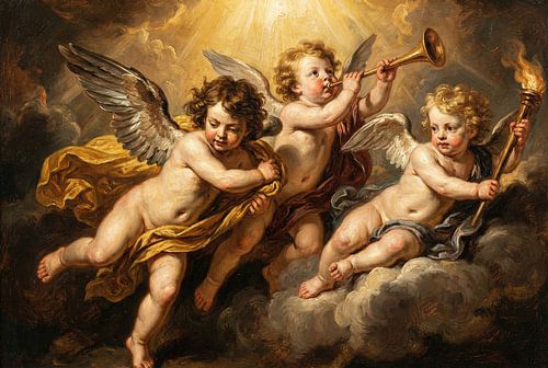 Schilderij van drie cherubijnen met trompet en fakkel in wolken