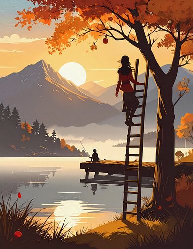 De laatste appel - een berglandschap en een appelboom - oogstseizoen