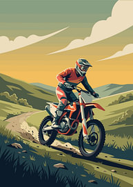 Motocross rider cruises dirt trail through green golden countryside hills by Adam Khabibi