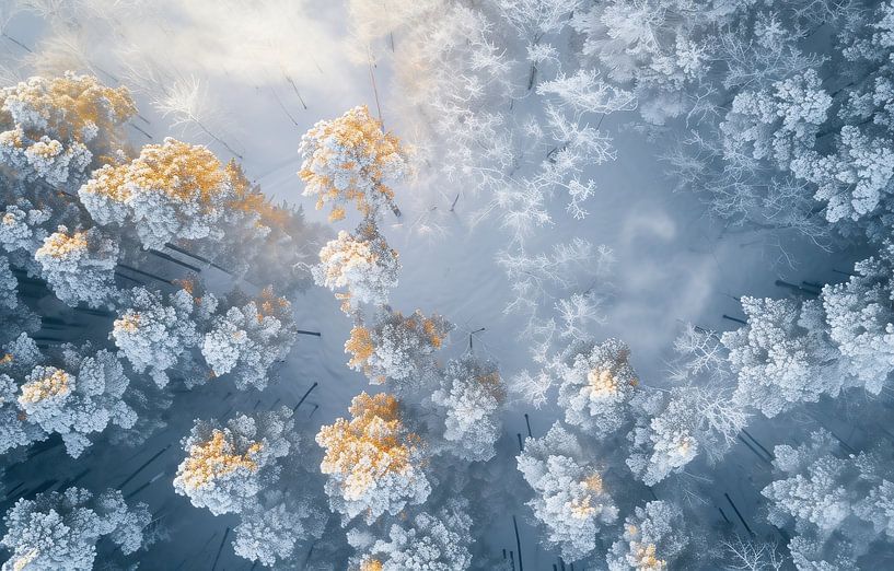 Zonsopgang, besneeuwd bos van fernlichtsicht