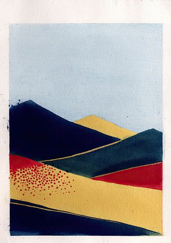 Abstrakte Hügel in Blau, Gold und Rot von Niklas Maximilian