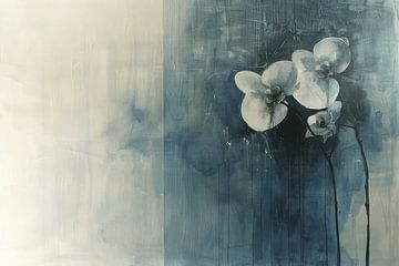 Orchidee in wit op een blauwe achtergrond van Japandi Art Studio