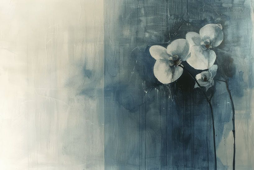 Orchidee in wit op een blauwe achtergrond van Japandi Art Studio