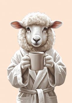 Schaf am Morgen mit Kaffeetasse