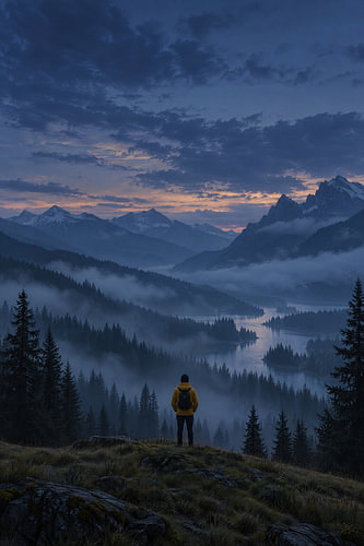 Blaue Stunde im Nebelwald – Wanderer am Grat