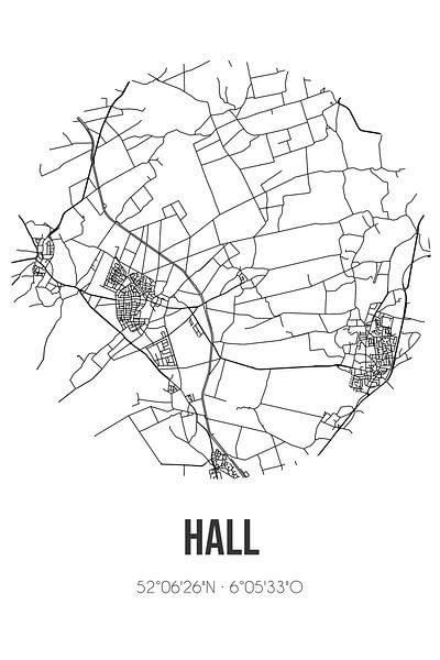 Hall (Gelderland) | Map | Black and white by Prints of Place