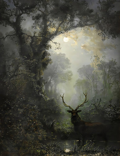 Un cerf dans une forêt au clair de lune