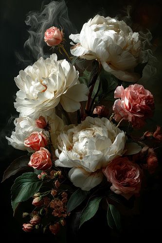 Weiße Pfingstrosen in der Dunkelheit Nr. 1