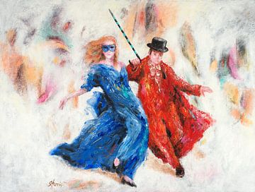 Danse en bleu et rouge. Acrylique sur toile de Hans Sturris.