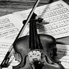 viool met strijkstok en bladmuziek in zwart wit van Klaartje Majoor