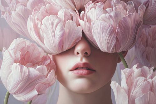 Blush Bloom – Abstraktes Porträt mit zartrosa Blumen