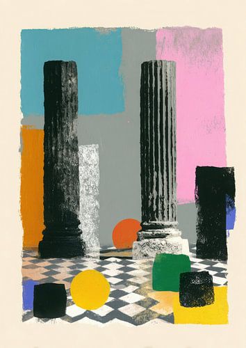 Abstract columns on a chessboard surface