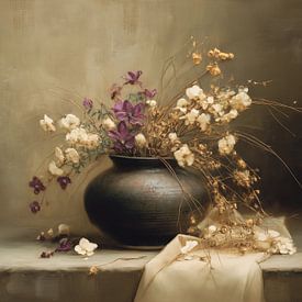 Golden Dried Bouquet on Linen by Eye catching paintings