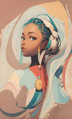 Jonge afrikaanse vrouw in mokka caramel en turquoise