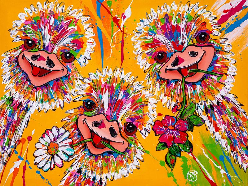 Struisvogels met bloemen van Happy Paintings / Renata Rolefes