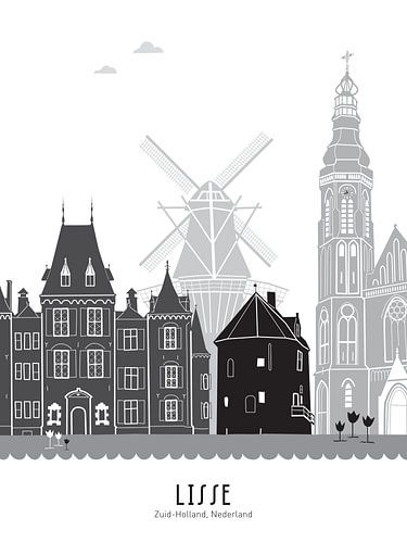 Skyline illustratie Lisse in zwart-wit-grijs