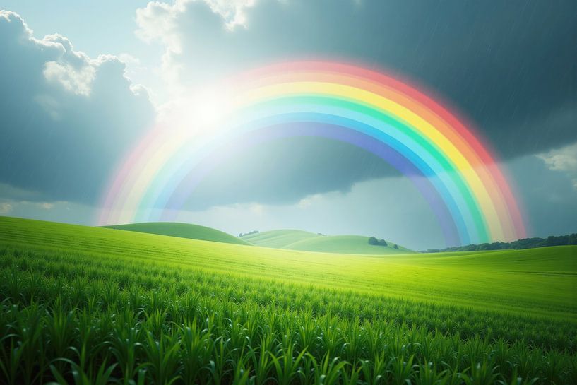 Bright rainbow appearing over green hills after the rain by Markus Gann