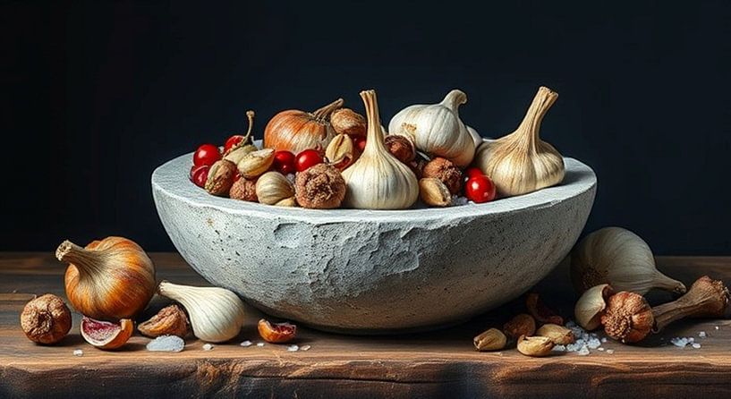 Still life of a white stone bowl with spices. by J.a Dijkstra
