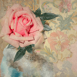 Romantisch vintage  portret met roze roos en collagetechniek
