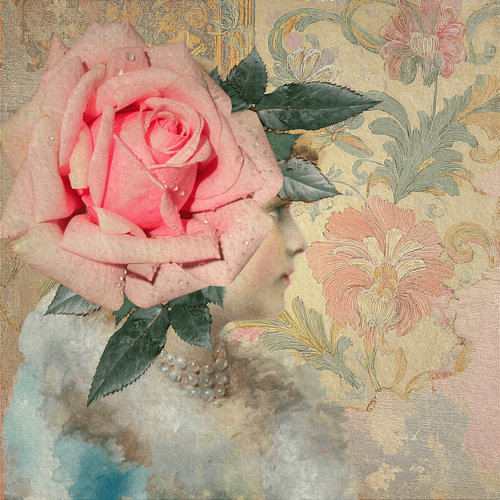 Romantic vintage portrait featuring a pink rose and created using the collage technique