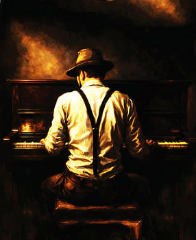 „Vintage-Pianist bei Kerzenschein“ – Gemälde mit warmem Lichtschein