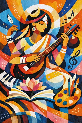 Sarasvati, hindoeïstische godin van wijsheid, muziek, kunst en creativiteit, illustratie.