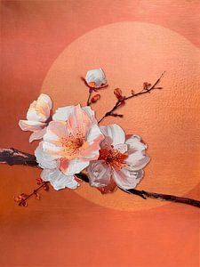 Japandi Art: Zweig mit Kirschblüte und goldenem Mond