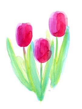 Drei pinkfarbene Tulpen Aquarellgemälde von Karen Kaspar