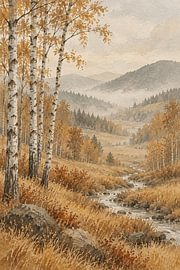 Golden Autumn Valley: Birch Trees by the Misty Mountain Creek by Alfonz
