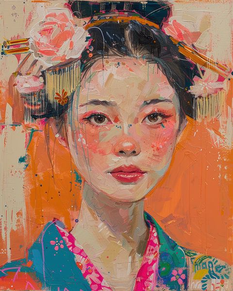 Portrait doux d'une geisha avec des fleurs et un fond orange par Digatelier