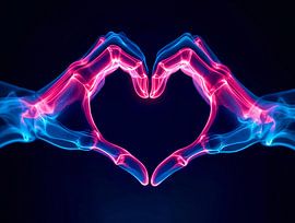 Röntgenbeeld van handen in hartvorm – neonroze en blauw licht van Basahen