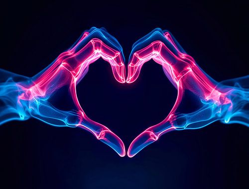 Röntgenbild von Händen in Herzform – Neonrosa und Blaulicht