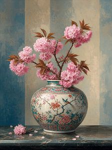 Gelassenes Stillleben mit rosa Kirschblüten in einer asiatischen Vase.